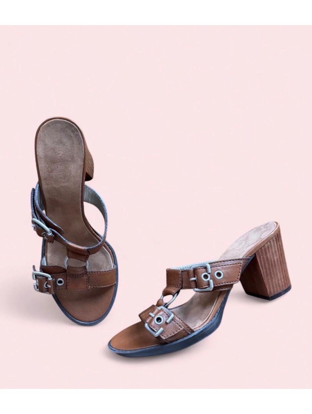Nine West brown leather-look heeled sandals, size 7.5